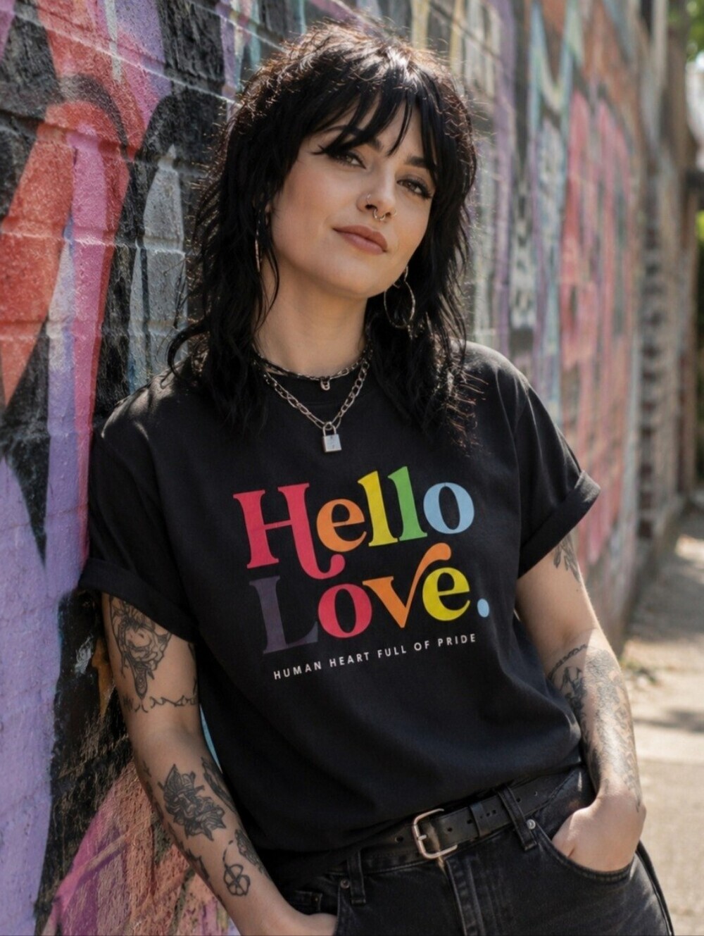 Peace Love World Size Medium T-Shirt Hello Love Black LGBTQ Pride Month Tee Shir